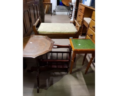 OAK STORAGE PIANO STOOL AND MAHOGANY MAGAZINE RACK PLUS 2 LEATHER TOPPED TABLES