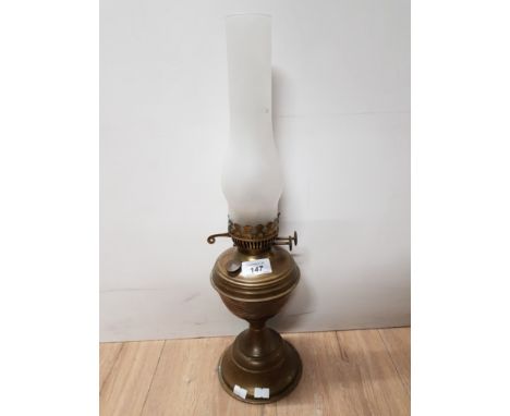 BRASS OIL LAMP WITH FROSTED GLASS CHIMNEY