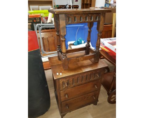 REPRODUX OAK STOOL AND 3 DRAWER CARVED OAK CHEST