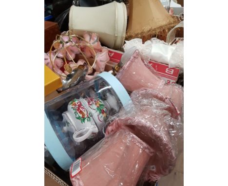 2 BOXES OF MISCELLANEOUS INC LAMP SHADES OLYMPUS CAMERA ETC