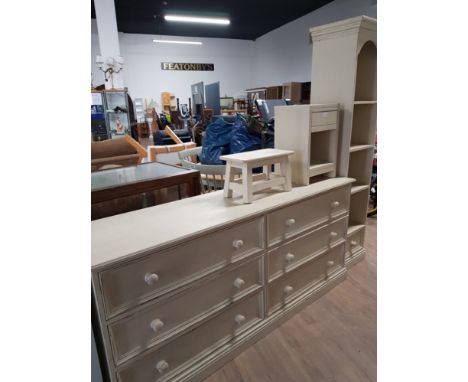 PAINTED PINE 6 DRAWER CHEST OF DRAWERS 71 INCH LONG AND A SINGLE DRAWER 4 SHELF UNIT BEDSIDE CABINET AND SMALL STOOL