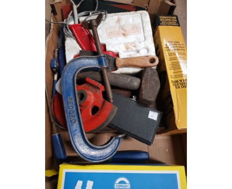 A BOX OF ASSORTED TOOLS INC HAMMERS SANDING BELTS ETC