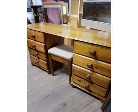 PINE TWIN PEDESTAL 8 DRAWER DESK AND STOOL
