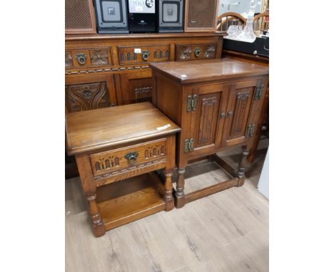 OLD CHARM OAK LINEN FOLD CUPBOARD AND SINGLE DRAWER LAMP TABLE