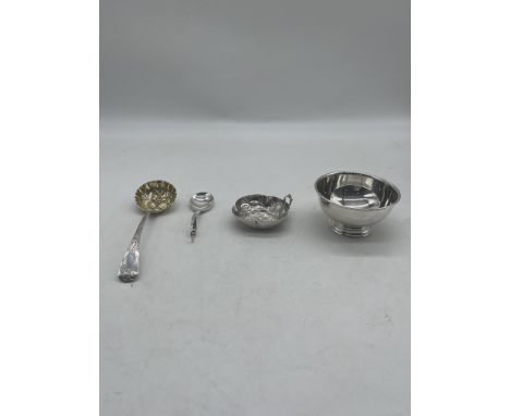 Hallmarked Silver Berry Ladle, Cream Spoon, Hammered Silver Dish, and Bowl. 
Total Weigh of Silver 192gr.