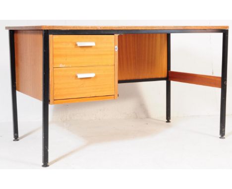 A retro vintage 20th century teak office industrial style desk having a straight top over a side bank of two drawers.&nbsp; R