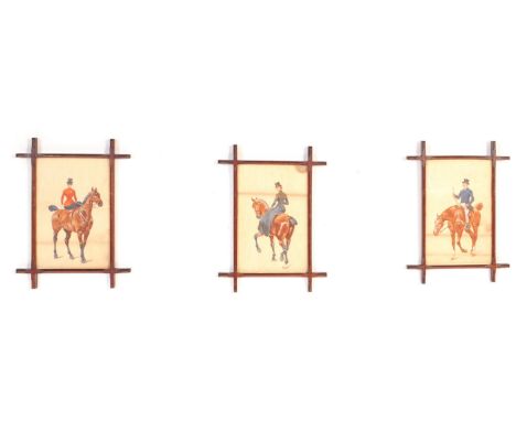 A collection of three vintage 20th century circa 1920s water colour paintings. Depicting male and female dressed up on horse 