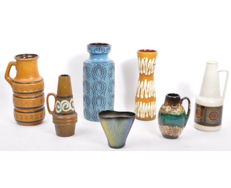 A collection of retro vintage mid 20th century West German fat lava pottery vases. Comprising of coral matt design vases, blu