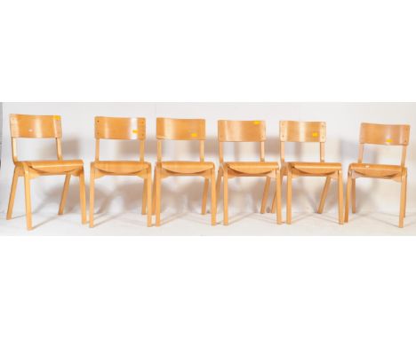 A set of six retro vintage mid 20th century bentwood school stacking chairs. With single back rest, square seat with V taperi