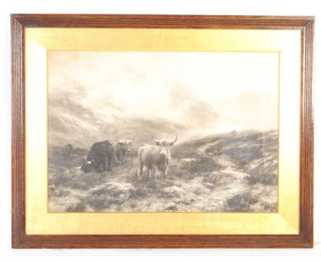 A vintage 20th century mono black and white print of highland cows. With a Scottish country side back ground on common marsh 