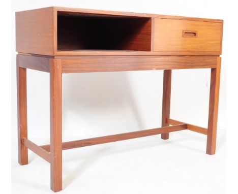 A retro vintage mid 20th century Air Ministry style teak hall table having rectangular top with single drawer and pigeon hole