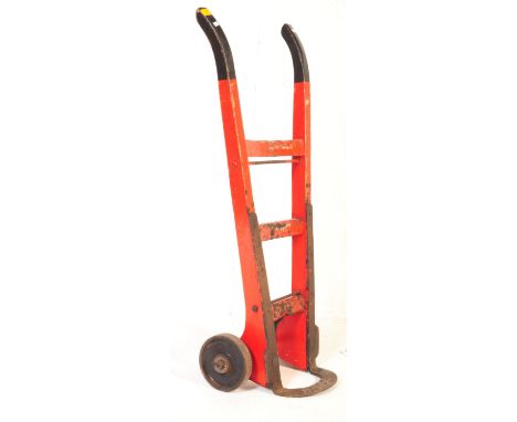 A vintage 20th century painted wooden sack barrow with metal wheels. Painted in red &amp; black.&nbsp;Measures approx. 109cm 
