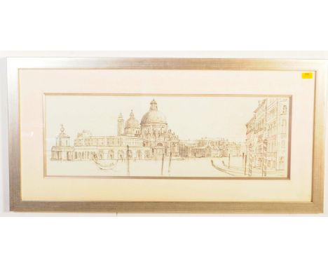 A large vintage retro 20th century Venice cityscape watercolour and pencil painting. Framed.&nbsp;Measures approx. 58cm x 117