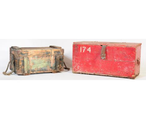 Two vintage 20th century circa 1940s ammunition crate boxes. Of rectangular form with brass mounts with twin roper carry hand