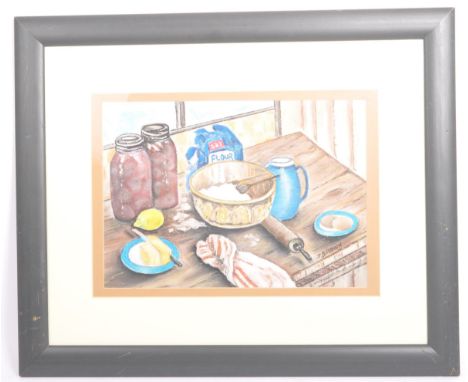 J Brown - Vintage 20th century still life pastel and chalk painting of kitchen items. Depicting baking items; flour, rolling 