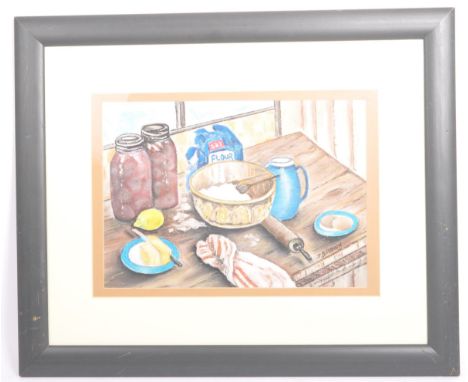 J Brown - Vintage 20th century still life pastel and chalk painting of kitchen items. Depicting baking items; flour, rolling 