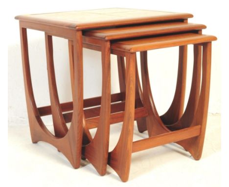 A set of vintage, retro mid century Fresco G Plan nest of tables, the larger one being tile topped. Of rectangular form with 