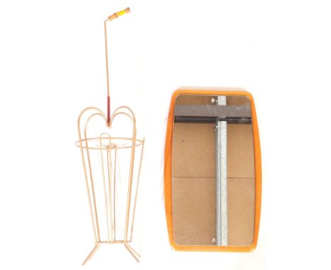 A vintage mid century teak framed atomic mirror together with a vintage mid-century metal umbrella stand with bamboo handle. 