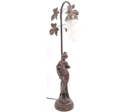 A 20th century Art Nouveau manner bronzed effect table lamp in the form of a maiden in classical dress on plinth base with pr