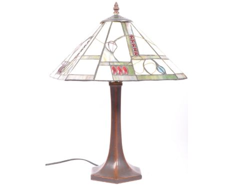 A vintage 20th century Tiffany style glass &amp; metal desk top table lamp having a squared pyramid shaped lead glass shade r