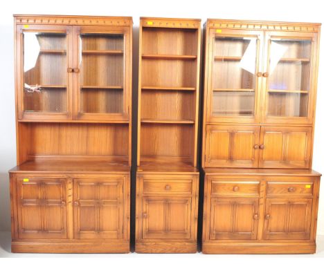 Vintage Ercol Furniture - Stained beech and elm wood modular dresser / cabinet Old Colonial pattern. Cupboards to the base wi