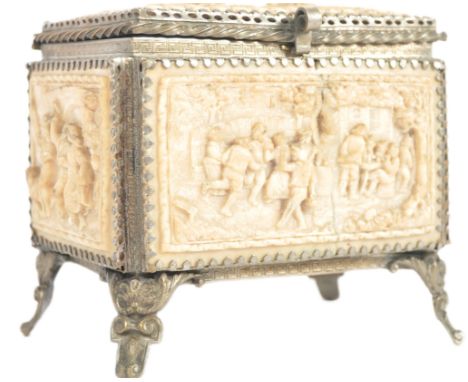 A 19th Century carved meerschaum casket box trinket jewellery box. Relief scenes in panels depicting old master type scenes w