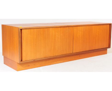 A retro vintage mid 20th century teak sideboard highboard (base only). Of rectangular form with twin sliding doors opening to