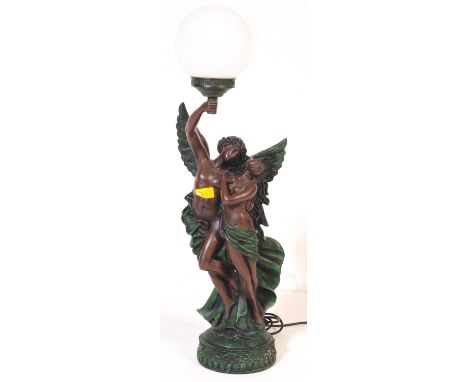 A large Art Nouveau 20th century resin lamp base in the form of two female figures in classical dress holding up globular gla