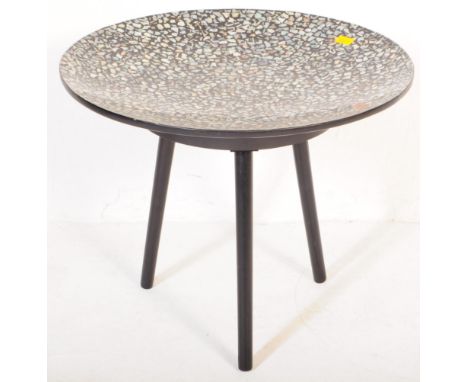 An unusual vintage style occasional / side table, wooden carved bowl top with inset pearlescent fragments atop, an ebonised (
