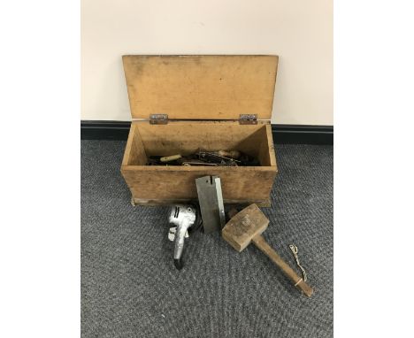 A pine box containing joiners hand tools 