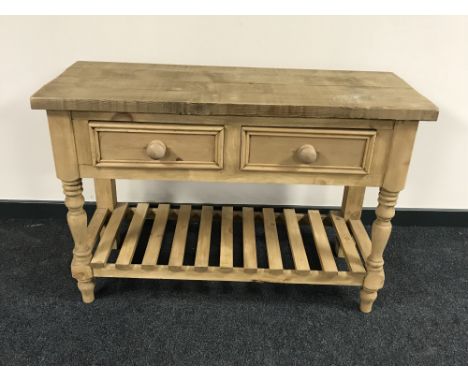 A reclaimed pine kitchen preparation table, fitted two drawers with under shelf 