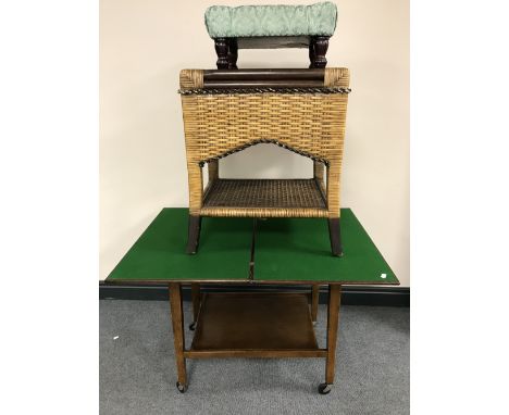 A turnover top card trolley together with a wicker side table and an upholstered foot stool