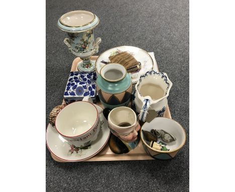 A tray containing assorted china including collectors plates, a Poole pottery oversized cup and saucer, a character jug, ' Mr