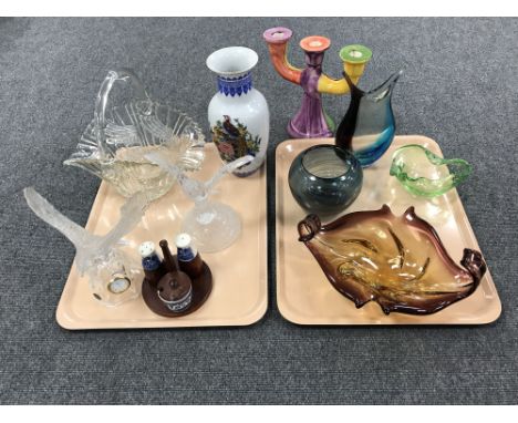 Two trays containing four pieces of art glass, two lead crystal bird ornaments, a cut glass basket, etc