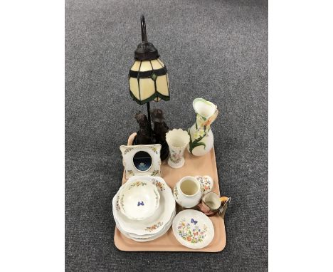 A tray containing Aynsley Cottage Garden china, a Beswick Pecksniff Toby jug, a contemporary table lamp with leaded glass sha