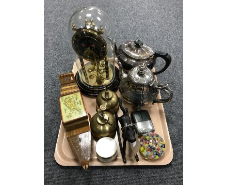 A tray of Kundo anniversary clock, two brass oil cans, miniature metal rocking horse, two plated teapots, hip flask etc