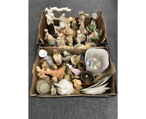 Two boxes of contemporary figures, plates, blue and white planter etc 
