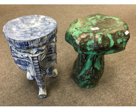 A carved wooden elephant stool, together with a mushroom stool