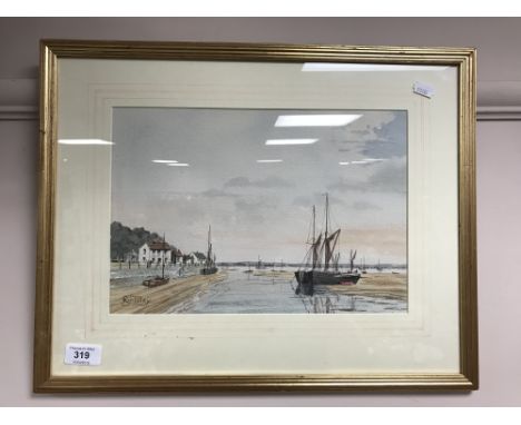 A pair of gilt framed watercolours - boats at low tide, one other by the same artist signed R. J. Tilley, gilt framed print o