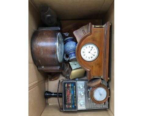 A Citizen 1970s transistor radio, oil lamp, stoneware vases, an Enfield mantle clock together with one other and a barometer 