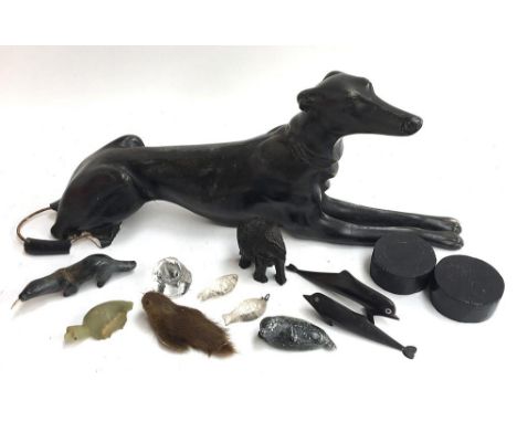 A recumbent long dog (AF), together with a number of glass animals and others, and a jade (?) terrapin 