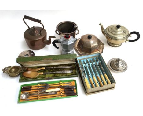 A mixed lot of plated items, to include boxed fish knives, several teapots, two handled pot, sugar tongs, cased bone fork and