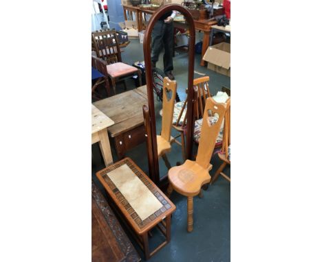 A 1970s tile top canterbury, a sewing stool, and cheval mirror 