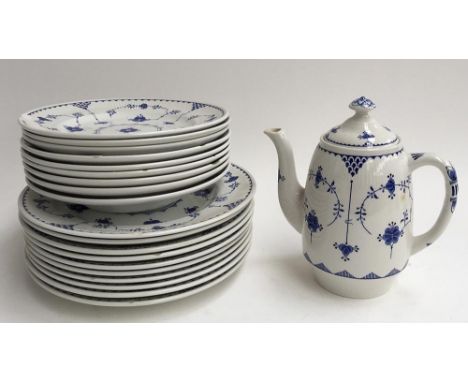 A quantity of Mason's Ironstone Denmark dinnerware to include dinner plates (10), side plates (3), soup bowls (6), and a coff