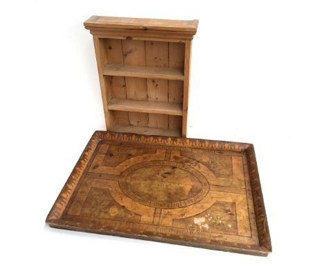 A pine spice rack with three shelves, 50cmH, together with a Scandinavian tray decorated with grapes, vines, and various insc