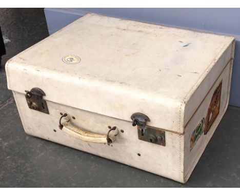 A white leather lady's travel case with silk and morocco leather lining, with Golden Arrow vintage travel stickers, 47cmW, in