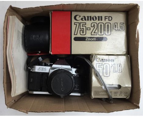 Canon AE-1 PROGRAM 35mm camera with 1:1.8 50mm lens, Canon FD 75-200/4.6 Zoom lens (boxed); Canon 50/1.8 lens (boxed) and ins