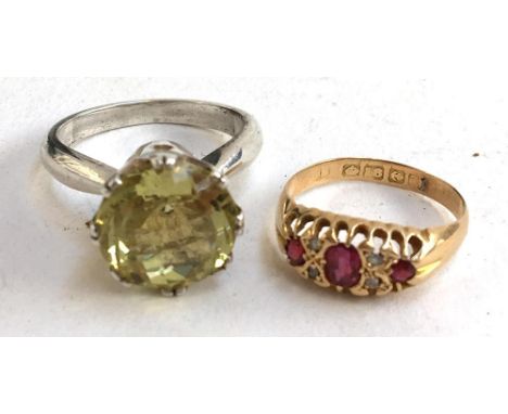Silver ring, Birmingham, maker mark JG set with a yellow stone, gross weight 6.3g together with an 18ct gold ring , gross wei