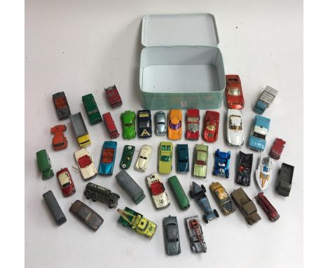 A box of vintage Lesney toy cars to include Jaguar, Landrover, etc, and a Corgi Toys Sunbeam Imp police vehicle 