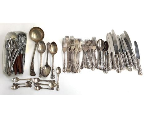 A quantity of plated King's Pattern flatware to include forks (11), small forks (8), knives (7 large, 9 smaller), spoons (9),